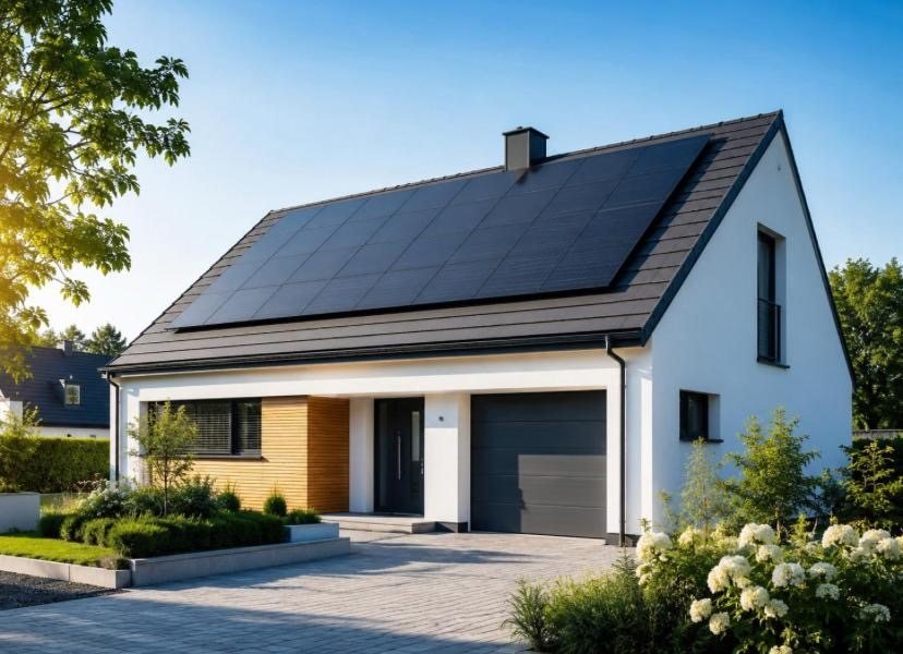 Maison individuelle équipée de panneaux solaires noirs sur le toit